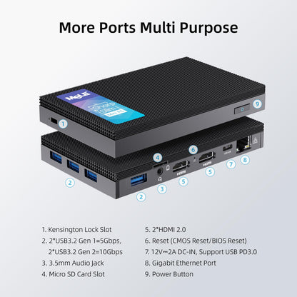 MeLE Quieter3Q Mini PC fanless Celeron N5105 16GB 512GB Micro Desktop Computer w/ Gigabit Ethernet, USB-C PD, WiFi 6, IPXE, 2X HDMI2.0, 4K Dual Display, Vesa-Mount.