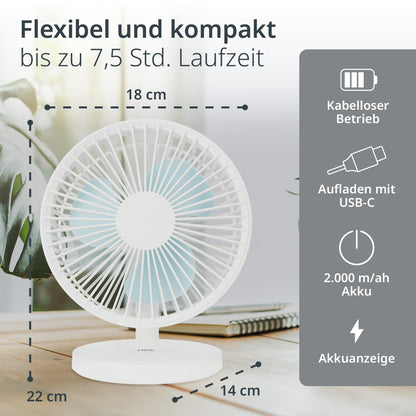 ADE fan very quiet | USB desk fan 3 speeds | battery up to 7.5 h runtime | 2,000 mAh | 90° tilt angle | lightweight and flexible | white