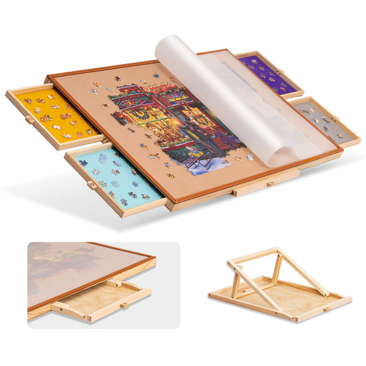 Tektalk portable puzzle table with leather handle, adjustable stand/holder, 4 colorful sorting drawers, flannel surface, transparent PP cover, for up to 1500 pieces.