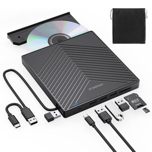 ORIGBELIE External DVD Drive, Ultra Slim CD Burner USB 3.0 with 4 USB Ports and 2 TF/SD Card Slots, Plug-and-Play External CD Drive for Laptop Mac, PC Windows 11/10/8/7, Linux OS