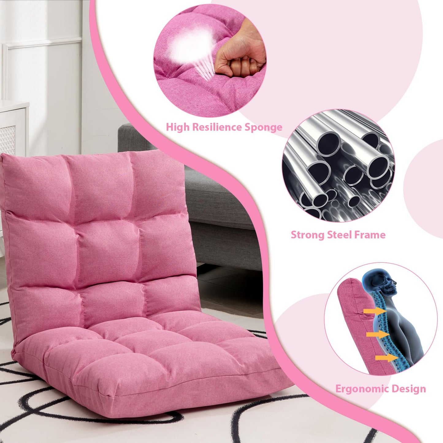 HOMASIS floor chair padded, floor armchair with Adjustable Backrest in 14 positions, reading chair meditation chair foldable for living room, study, office (linen, pink)