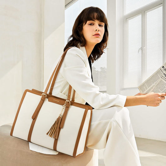 LOVEVOOK laptop handbag for women, fits up to 15.6 inch laptop. Can be used as tote, shoulder, crossbody bag. Made of canvas, perfect for office, business, travel or leisure. Elegant and spacious for teachers and professionals.