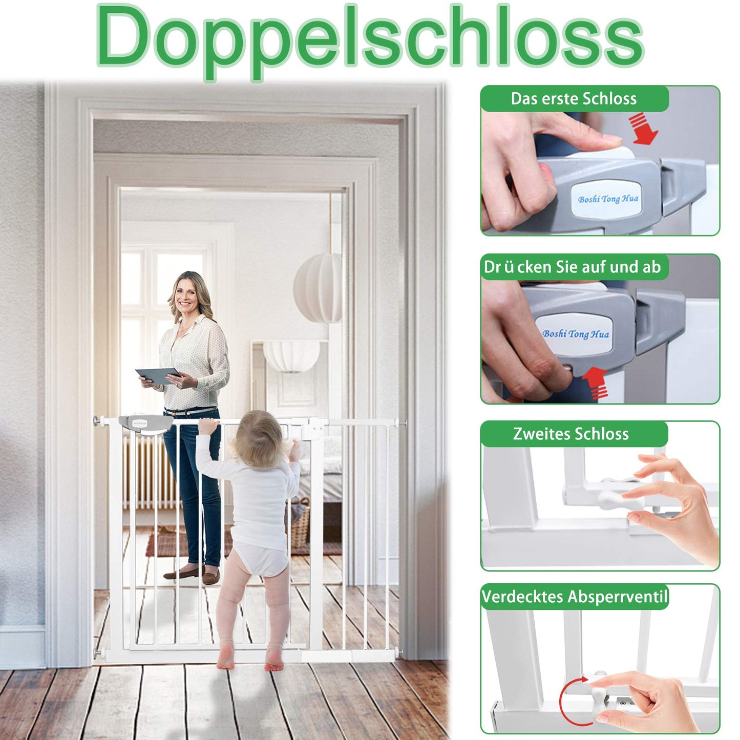 YARDIN door and stair safety gate without drilling, 75-85cm baby gate, childproofing stair gate for kids and dogs, auto-close, one-handed opening, White.