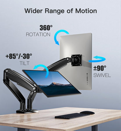 HUANUO dual monitor mount for 13-40 inch screens, with gas spring arms, VESA 75 & 100mm, C-clamp and grommet base, supports 2-12kg.