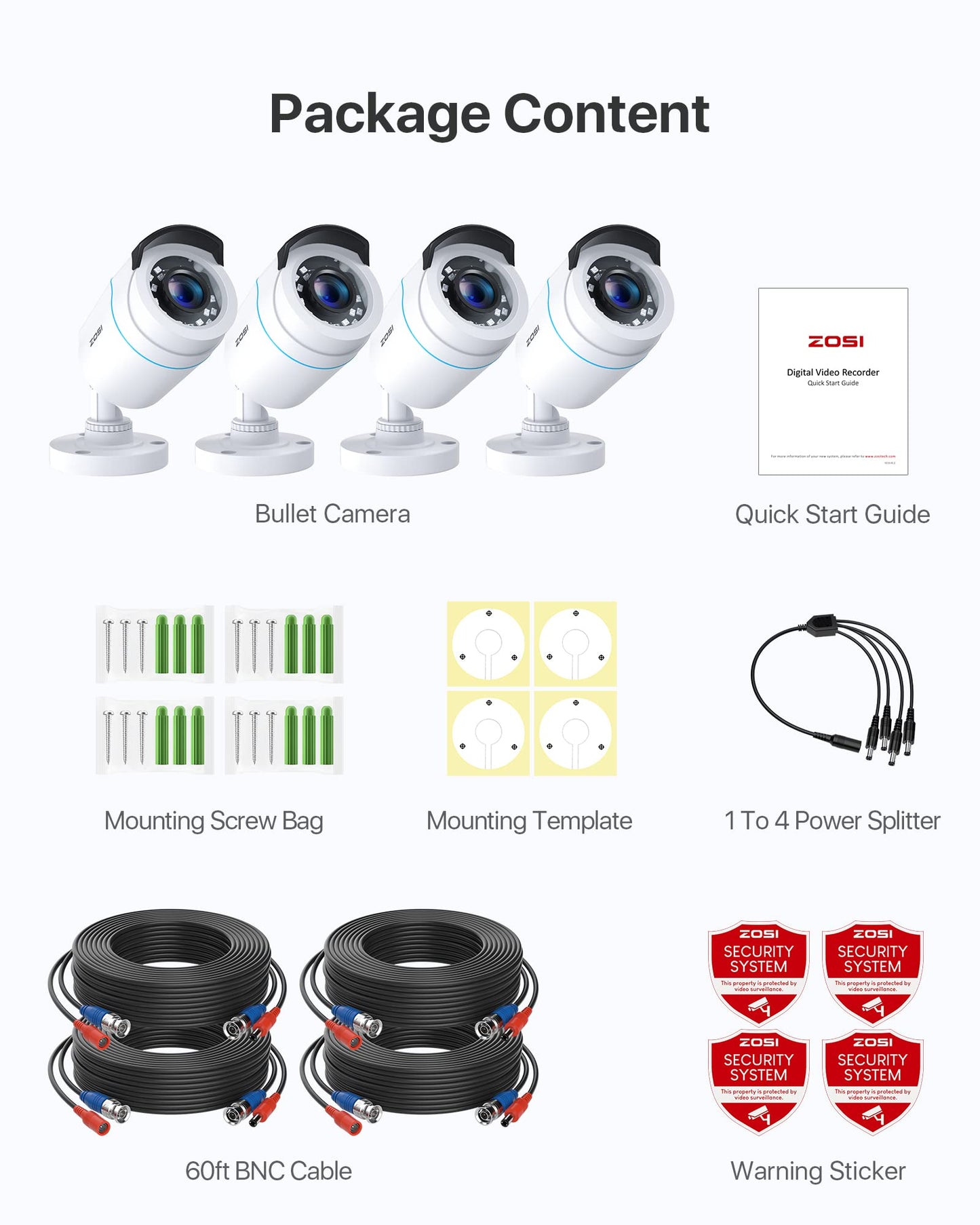 ZOSI 4-piece 2MP 1080P outdoor video surveillance camera set with power supply and video cable, 1080P TVI HD BNC output, for indoor and outdoor use, additional camera for CCTV DVR system.