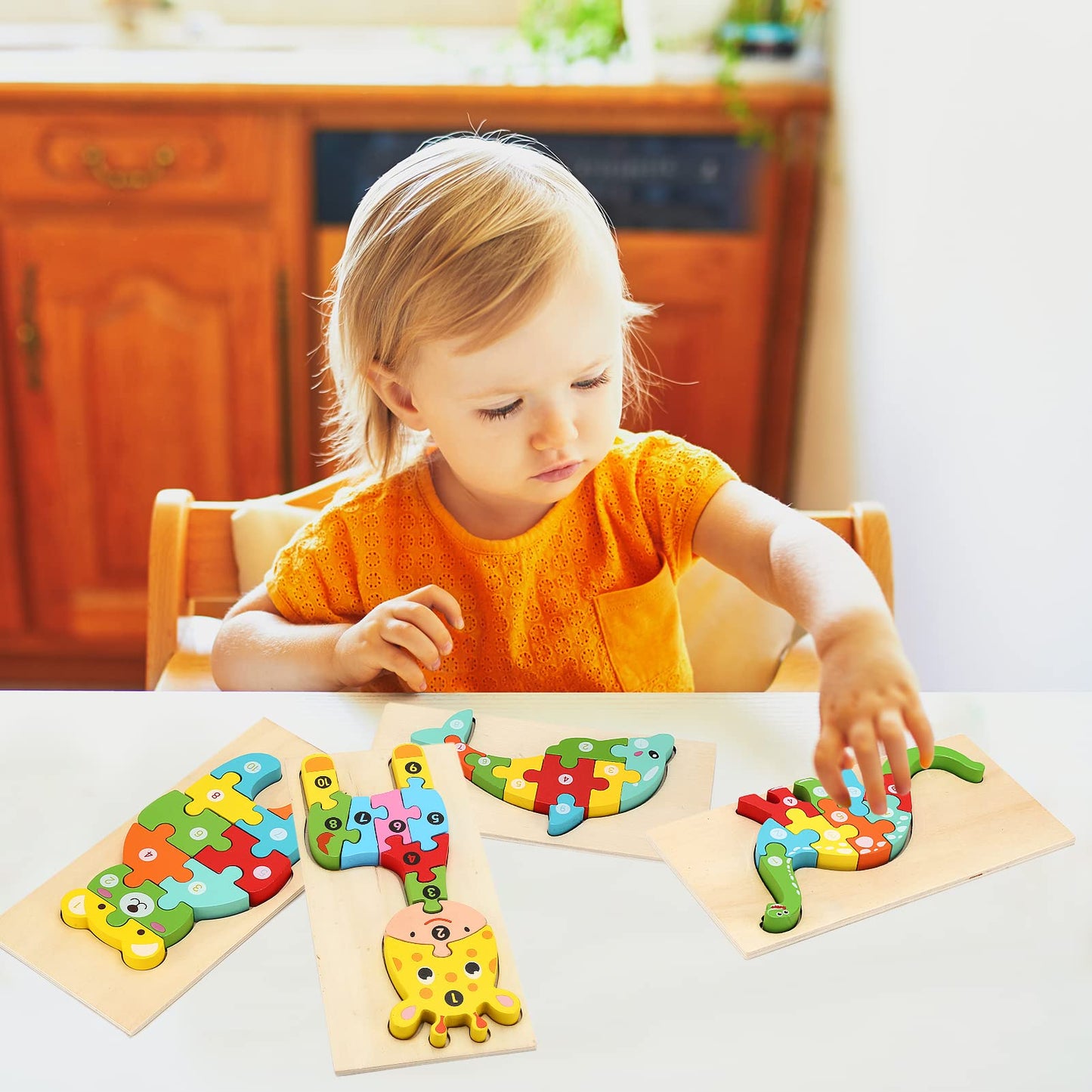 Wooden puzzles for toddlers aged 1-3, Montessori toy for kids aged 2+, educational wooden puzzle game, gift for 1 2 3 year old boys and girls - 4-pack