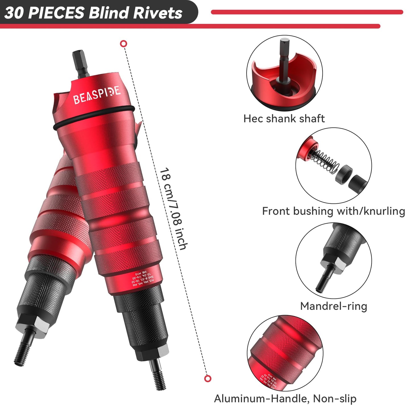 Beaspire Rivet Nut Adapter Kit for Electric Drill, Professional Rivet Nut Tool Set, 10 types of mandrels and 50 rivet nuts (M3-M10, 8-32, 10-24, 10-32 and 1/4-20), Sturdy Carrying Case.
