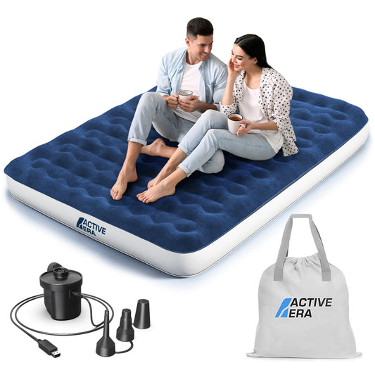 Active Era Luxury Camping Double Air Bed with Electric Pump - Air Mattress for 2 People with Portable Battery Pump and USB Charging Cable, Built-in Pillow and Carry Bag - 150 x 203 x 22 cm