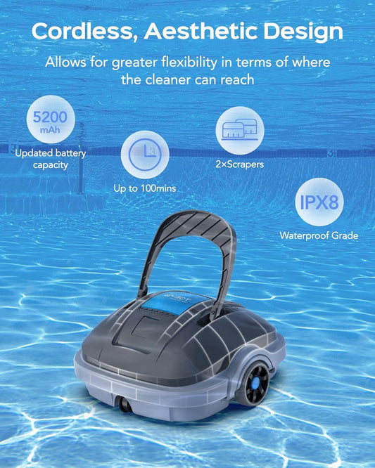 WYBOT pool robot battery for 100 minutes runtime, pool cleaner robot with strong suction power, self-parking, automatic pool cleaner for pools up to 80 m² area.