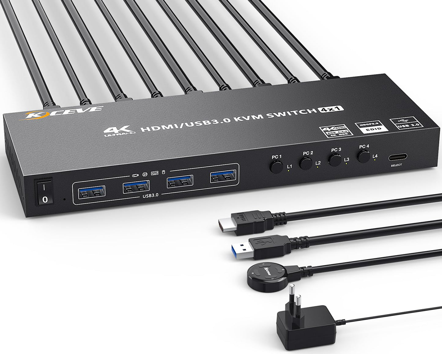 USB3.0 KVM Switch HDMI 4 Ports 4K@60Hz Simulation EDID, ESKEVE HDMI2.0 KVM Switch 4 PC 1 Monitor 2K@120Hz for sharing 4 PCs and 1 monitor, with Wired Remote and HDMI+USB3.0 Cables