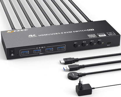 USB3.0 KVM Switch HDMI 4 Ports 4K@60Hz Simulation EDID, ESKEVE HDMI2.0 KVM Switch 4 PC 1 Monitor 2K@120Hz for sharing 4 PCs and 1 monitor, with Wired Remote and HDMI+USB3.0 Cables
