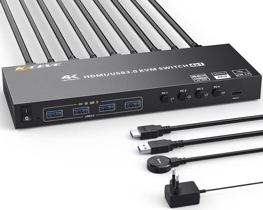 USB3.0 KVM Switch HDMI 4 Ports 4K@60Hz Simulation EDID, ESKEVE HDMI2.0 KVM Switch 4 PC 1 Monitor 2K@120Hz for sharing 4 PCs and 1 monitor, with Wired Remote and HDMI+USB3.0 Cables
