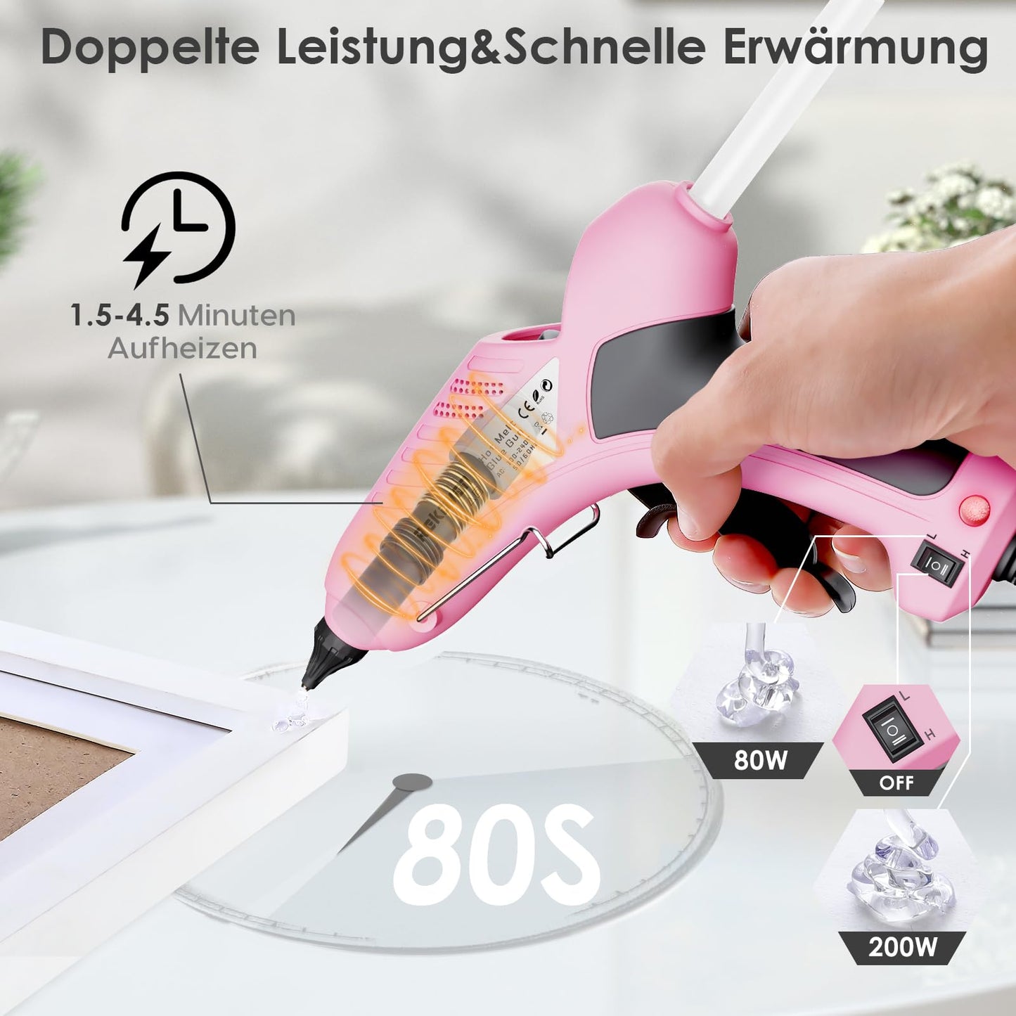 Hot Glue Gun, 80/200W Industrial Hot Glue Gun, 60s Fast Heating, On/Off, Glue Gun Set with 30pcs 11mm Glue Sticks (Including 10pcs Colored), Hot Glue Gun for DIY, Home, Office Repair.