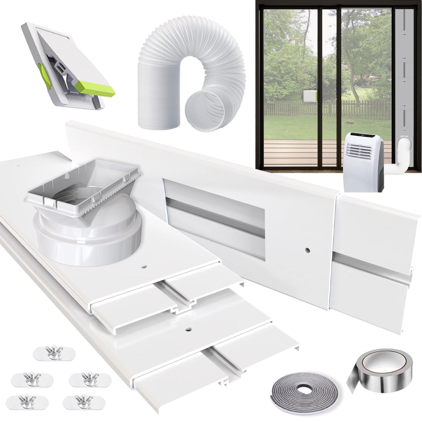 Aozzy 240cm door seal panel for portable air conditioners with Φ15cm hose, safety lock & seal, universal adapter 13/15cm for air conditioners/dehumidifiers on sliding doors/windows.