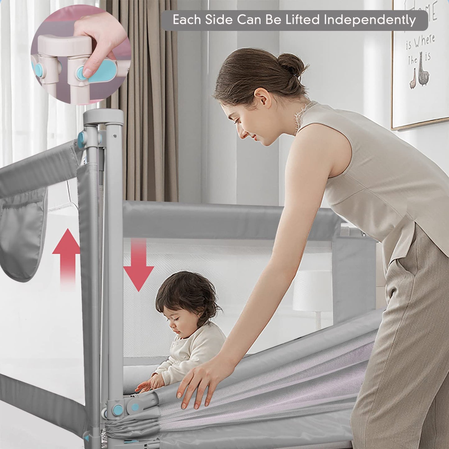 Sinbide bed rail adjustable guardrail for children's bed, baby safety, 100cm high, metal frame, 0-6 years (Gray, 100x180cm)