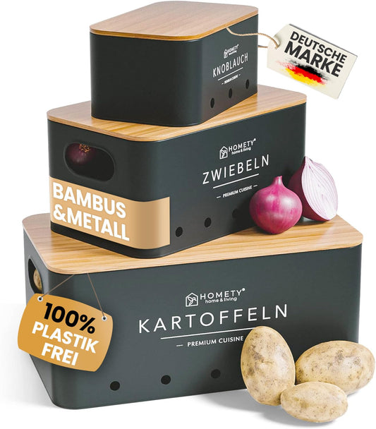 Homety Potato Storage Box [3 Pack] - Keeps Vegetables Fresh Longer - Ideal Way for Onion, Potato, and Garlic Storage (Black)