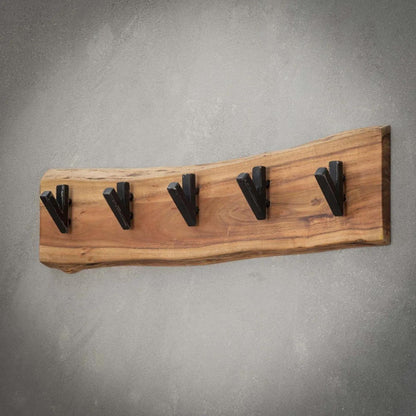 RINGO-Living wall coat rack 60cm - Slim clothing rack with 5 hooks for your jackets, coats, & scarves - Vintage clothes rack made of solid natural wood - Rustic wall shelf for the hallway