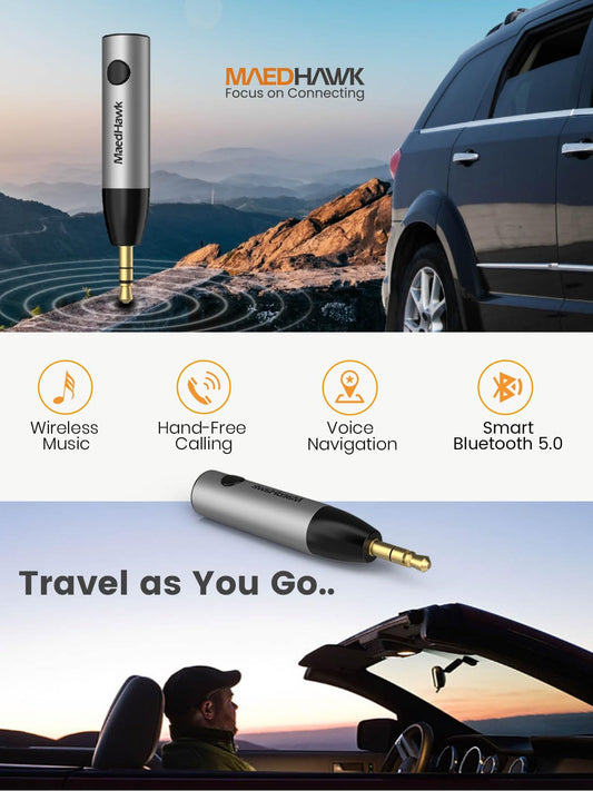 MaedHawk Aux Bluetooth Adapter Car, BT5.0 Audio Receiver, 3.5mm Aux in Car Kit (Hands-free calls, Dual connection with 2 smartphones) For car radio music, headphones, speakers-BTR005