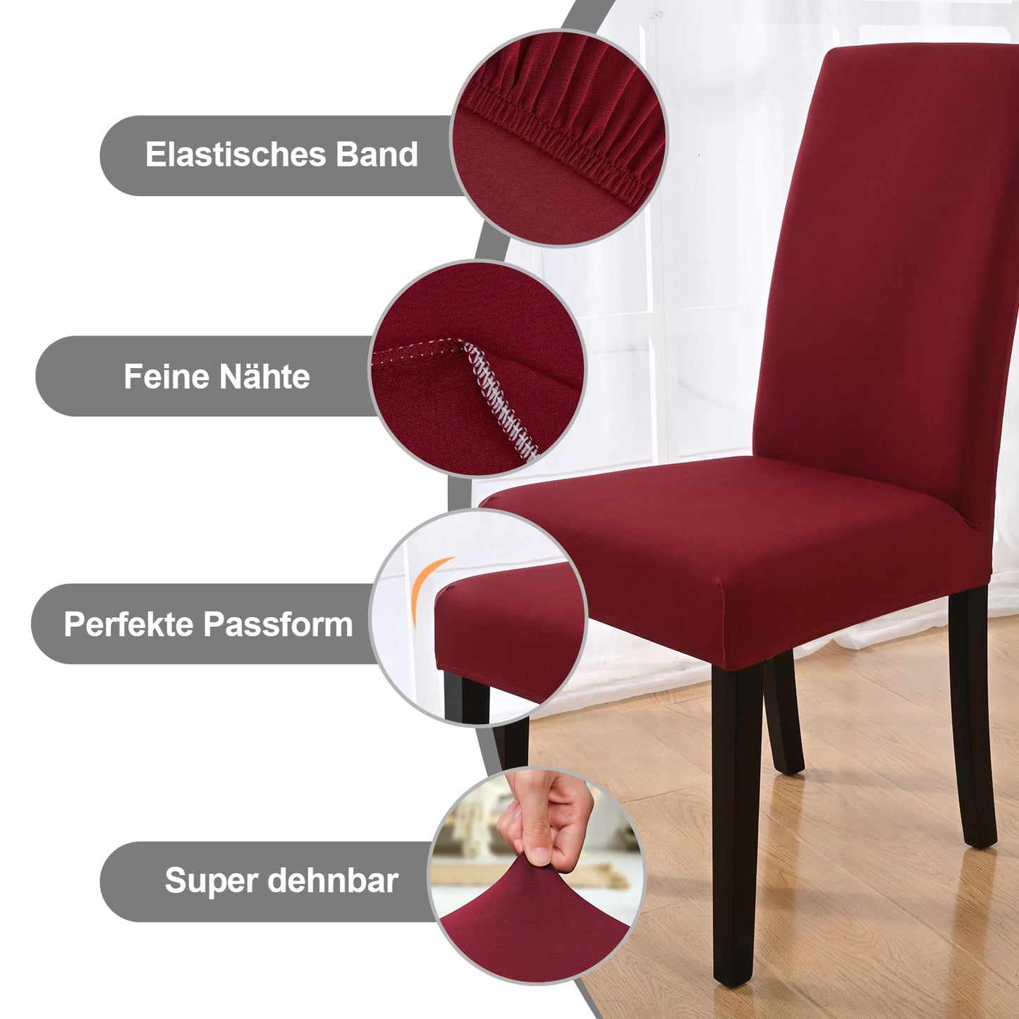 Yugarlibi Chair Covers 4 Pack Stretch Chair Covers Elastic Chair Cover Removable Washable Chair Protectors for Kitchen Restaurant Hotel Banquet Wedding (Bordeaux, 4 Pieces)