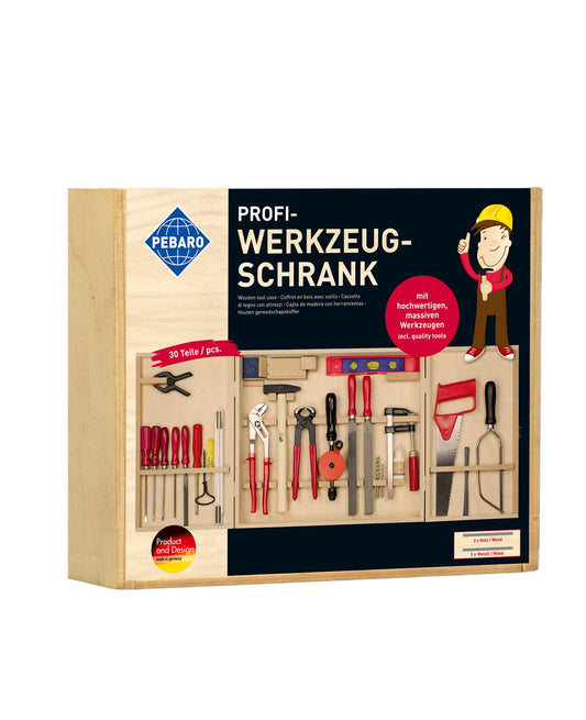 Pebaro 415 professional tool cabinet, 30 pieces, complete set in a wooden cabinet, high-quality solid tools, craft kit including hammer, saws, pliers, files, toolbox for children, gift idea