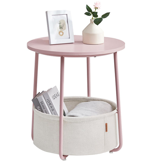 VASAGLE Round Side Table, Small End Table, Small Coffee Table, Living Room Table, Fabric Basket, Storage for Living Room Bedroom, Modern Nightstand, Pastel Pink-Cream White LET223R61