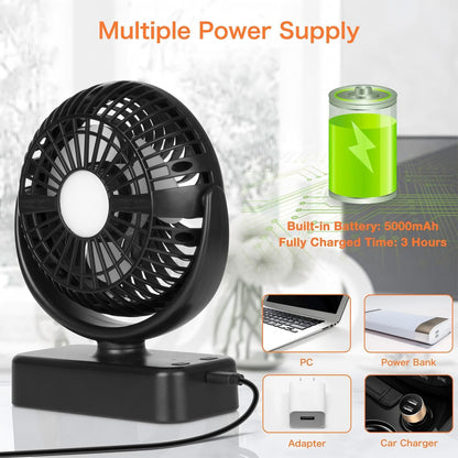 Portable camping fan Hanging fan with LED light, 40 hours operating time Rechargeable tabletop fan with hanging hook for tent RV survival gear office study room