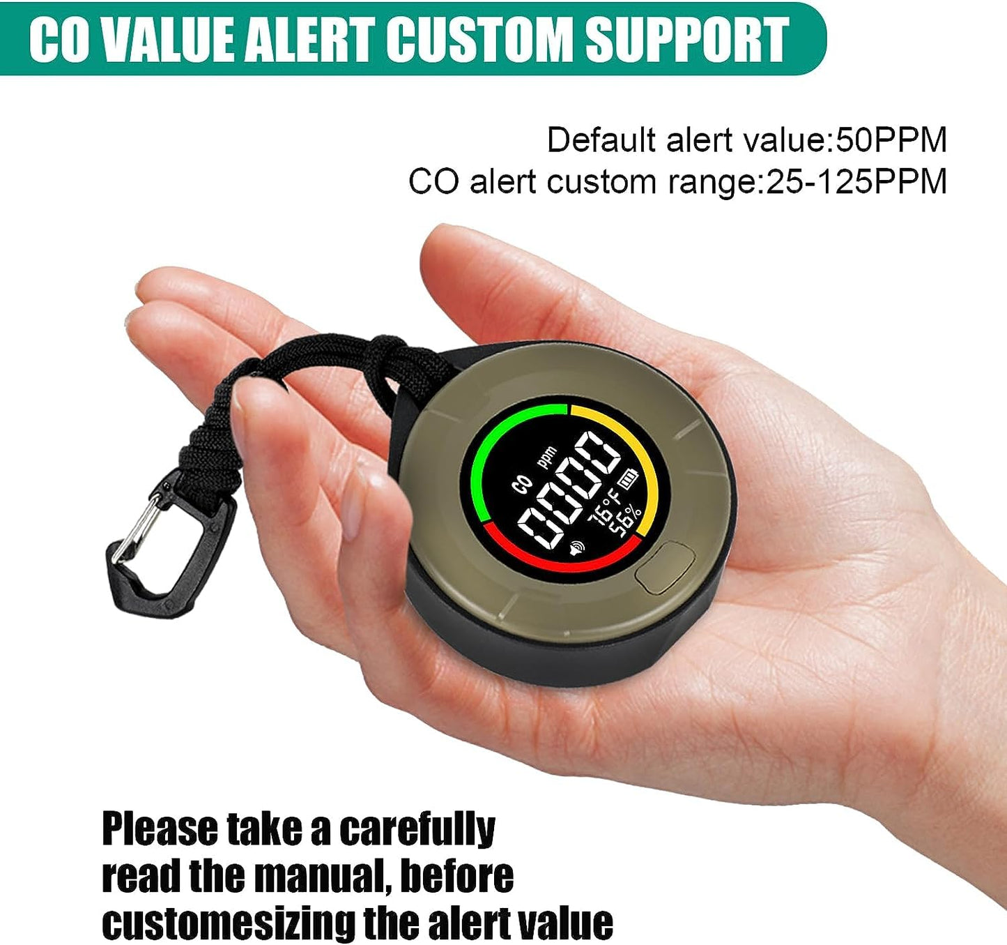 HAKINAKU Portable CO Detector Carbon Monoxide Alarm, Mobile CO Detector CO Warning Device, CO Meter with Temperature & Humidity Display, for Travel Camping, PTH-10D-Green