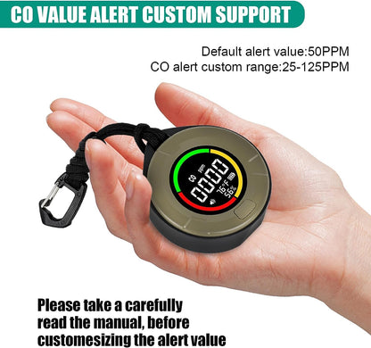 HAKINAKU Portable CO Detector Carbon Monoxide Alarm, Mobile CO Detector CO Warning Device, CO Meter with Temperature & Humidity Display, for Travel Camping, PTH-10D-Green