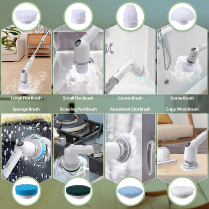 Electric cleaning brush, 9 IN 1 Spin Scrubber Cordless with 8 drill brushes heads, Acemall 152cm Adjustable Handle, 3 speeds for bathroom, bathtub, kitchen, floor, grooves.
