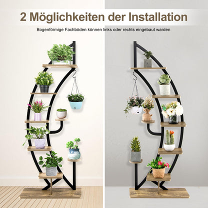 RELAX4LIFE Plant Stand Half Moon Shaped, 6-Tier Flower Shelf with Shelves Hooks, Flower Stand with 2 Installation Methods & Anti-tilt Device, Plant Shelf for Garden Balcony (1 Piece, Brown)