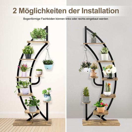 RELAX4LIFE Plant Stand Half Moon Shaped, 6-Tier Flower Shelf with Shelves Hooks, Flower Stand with 2 Installation Methods & Anti-tilt Device, Plant Shelf for Garden Balcony (1 Piece, Brown)