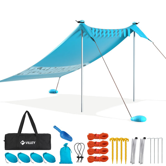 VILLEY sun tent 2m x 2.4m Blue, UPF50+ UV protection Lycra beach tent for 3 people, beach umbrella with sandbag and 2 support poles for picnic, fishing, sun protection.