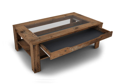 byLIVING Coffee Table Ralph/modern Coffee Table with glass insert and spacious drawer in Old Wood-look/Side Table with plenty of storage space/W 110, H 43, D 67 cm