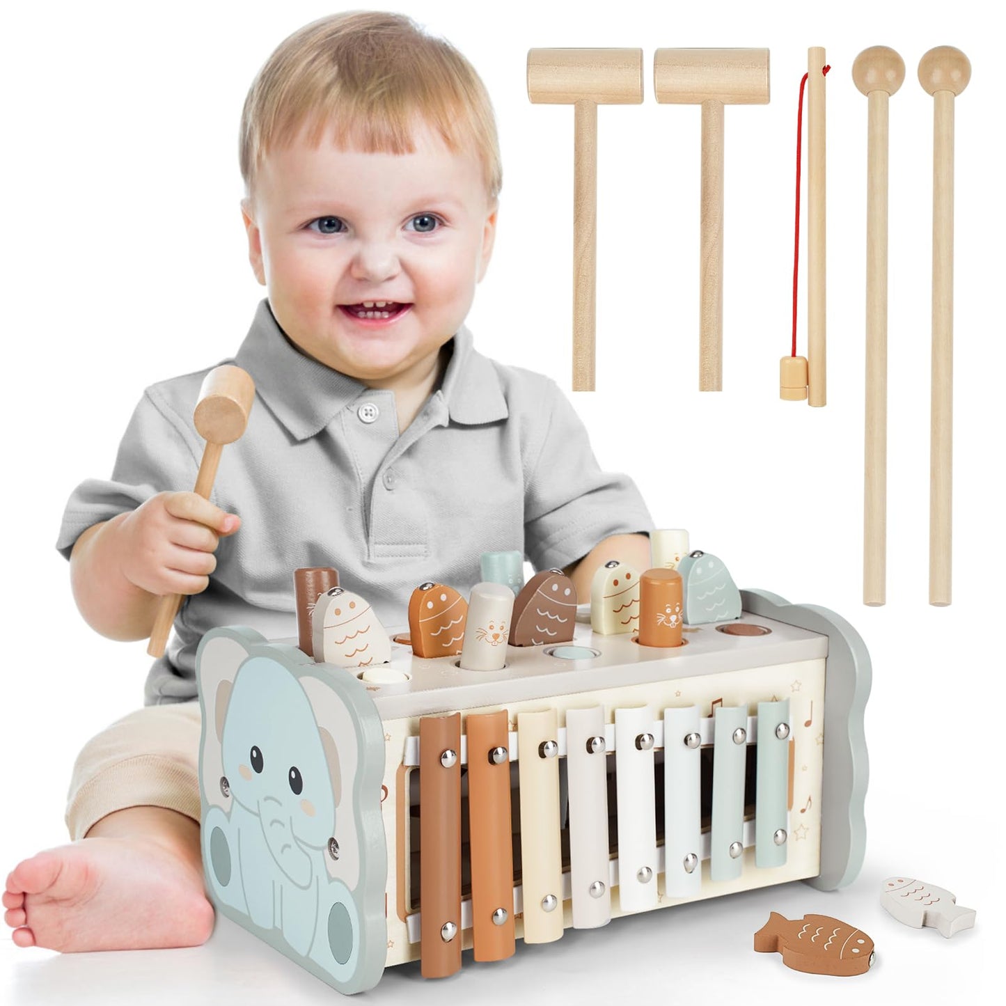 DINORUN Montessori toy for ages 1 and up, wooden hammering toy for fine motor skills, xylophone for 1 year old kids, ideal gift for children ages 1-4, girls and boys.