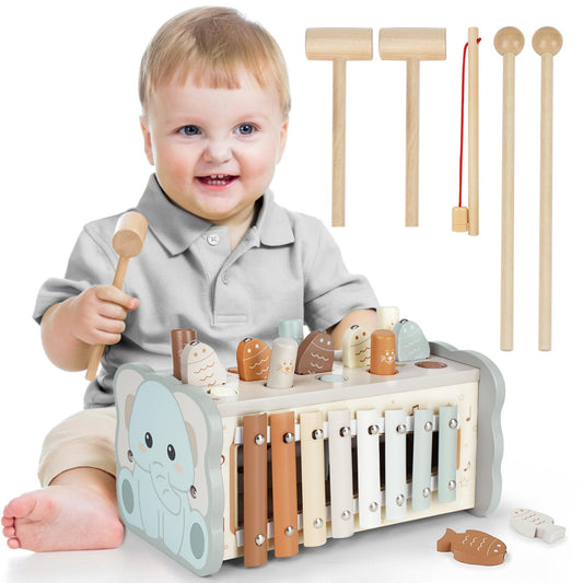 DINORUN Montessori toy for ages 1 and up, wooden hammering toy for fine motor skills, xylophone for 1 year old kids, ideal gift for children ages 1-4, girls and boys.