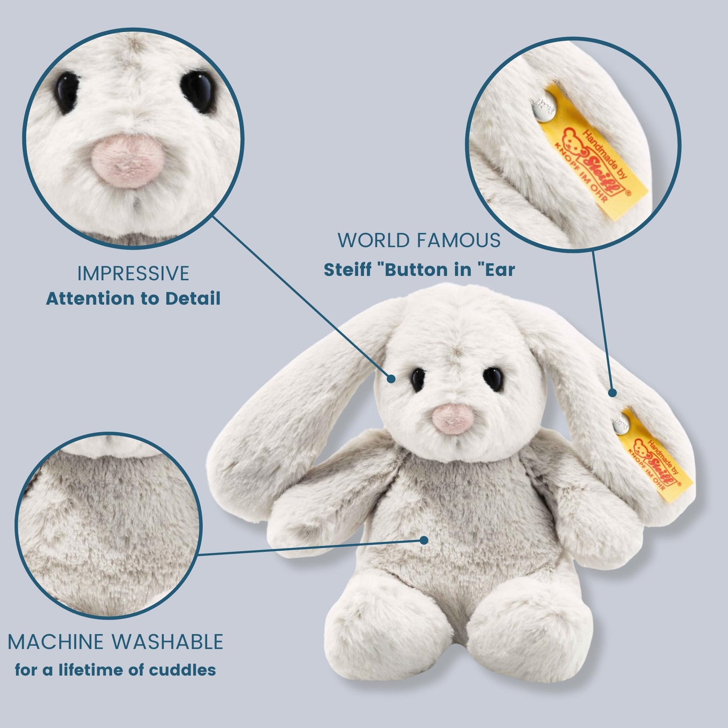 Steiff Hoppie Hare 18 cm light gray, plush toy hare with floppy ears, Soft Cuddly Friends, cuddly fabric animal for snuggling and playing, cuddly toy for girls and boys, machine washable