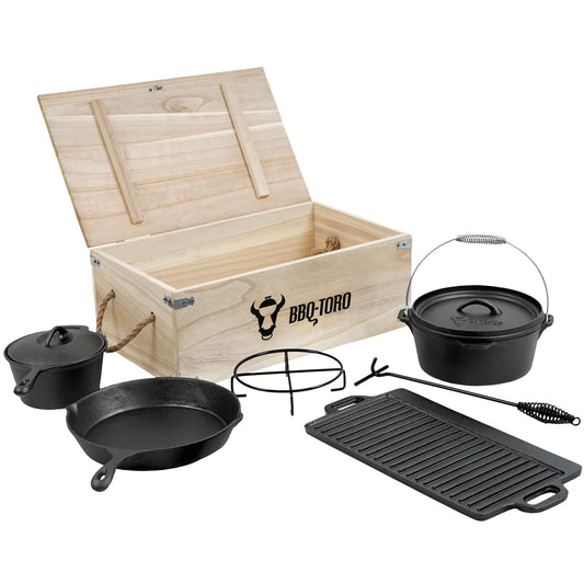 BBQ-Toro 7-piece Dutch Oven Set in wooden box | Cast iron - pre-seasoned | Includes Dutch Oven, pot, grill plate, pan, lid lifter, and trivet.