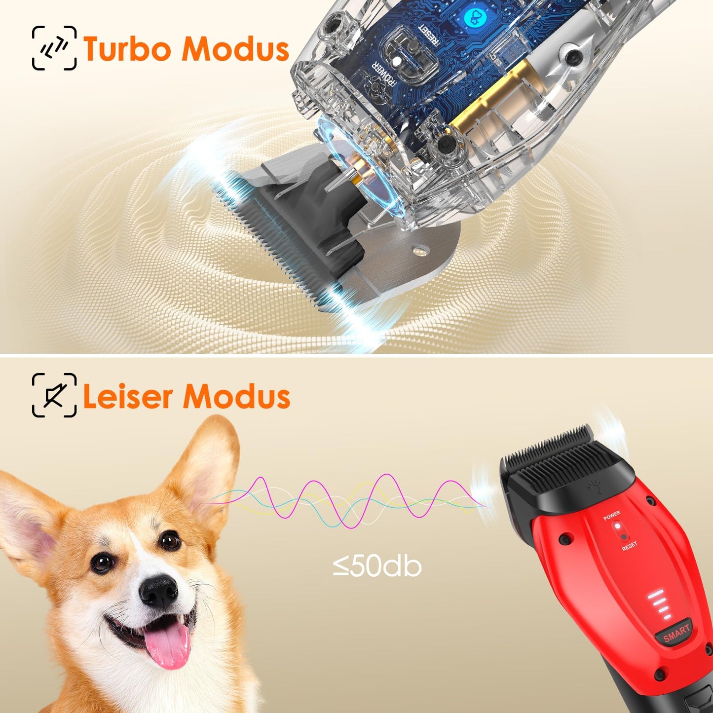 Dog grooming clipper - Intelligent quiet clipper, three modes hair trimmer for dog and cat with long battery life, rechargeable cordless pet hair trimmer with patented clipping head.