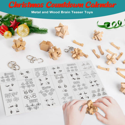 Puzzle Advent Calendar 2025 for Children & Adults - 24 days of Christmas gifts with metal brain teasers and wooden puzzles, skill games, IQ puzzles for boys, girls, teenagers.