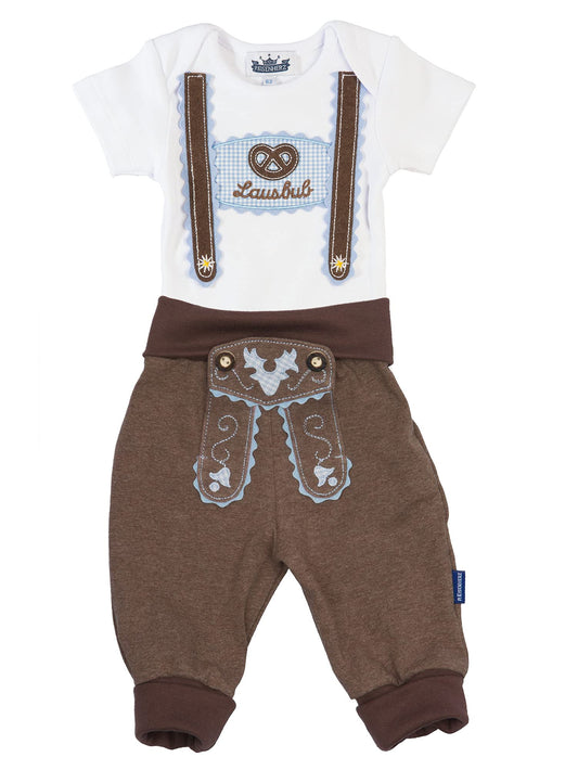 Costume set for little rascals in size 92, consisting of a baby body with short sleeves and suspender applique, and baby jogging pants in a leather pants look, brown - A great gift...