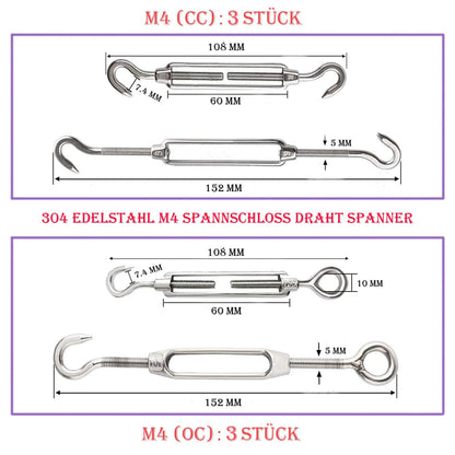 Leaum 30 piece turnbuckle M4 wire tensioner set, with stainless steel turnbuckle M4, 3mm stainless steel wire rope clamp, 3mm wire rope thimble, and 3mm aluminum ferrule for tightening tensioned rope.