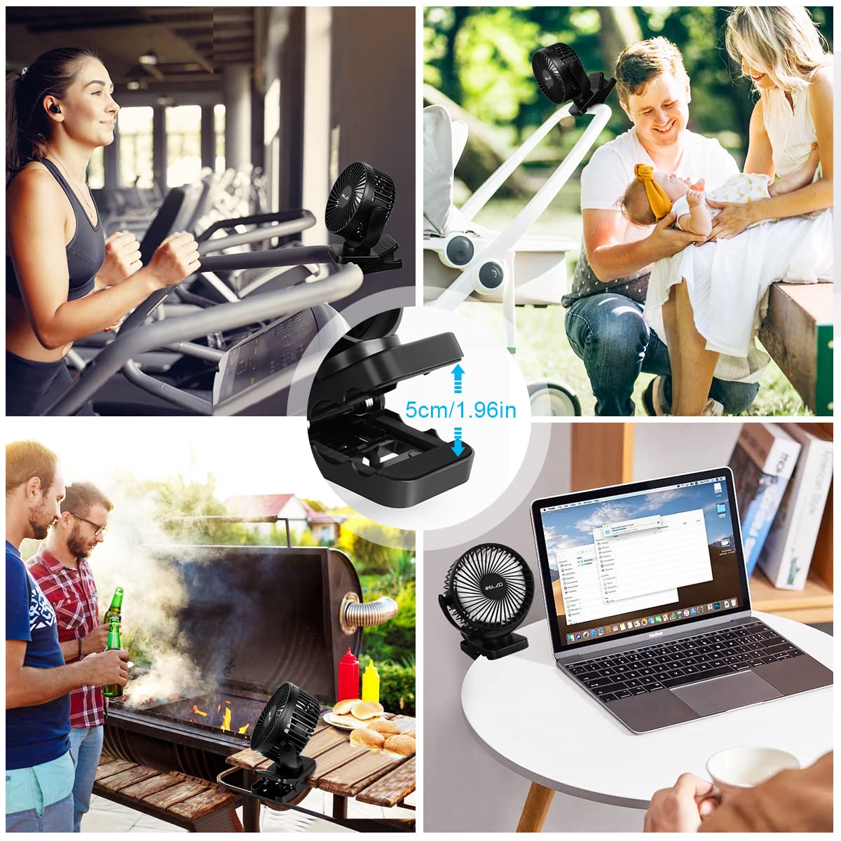 ELZO 12000mAh Camping Fan, Rechargeable Desk Fan USB Mini Fan with LED Light & Hook, 360° Rotation Quiet with Remote Control