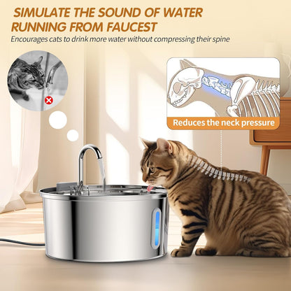 TOMXCUTE Cat Fountain Stainless Steel with Window, 3.2L Water Tap Drinking Fountain for Cats Terriers, Cat Drinking Fountain Dishwasher Safe, Quiet Pump, Double Filter Hygienic