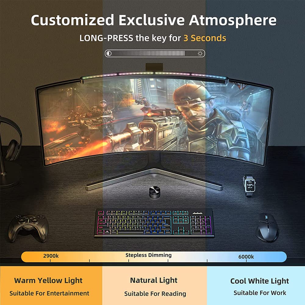 Vanyuei computer lamp for curved/flat monitor, with RGB backlighting, wireless remote control, touch control, no screen glare, curved screen light for gaming.
