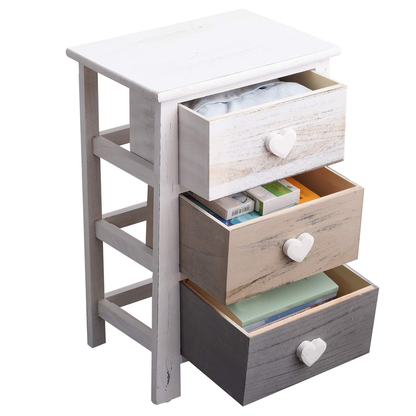 Rebecca Mobili wooden dresser, nightstand in shabby style, 3 drawers, suitable for bedroom or bathroom, wood, white and grey - dimensions: 57.5 x 37 x 27 cm (HxLxW) - item RE4161.