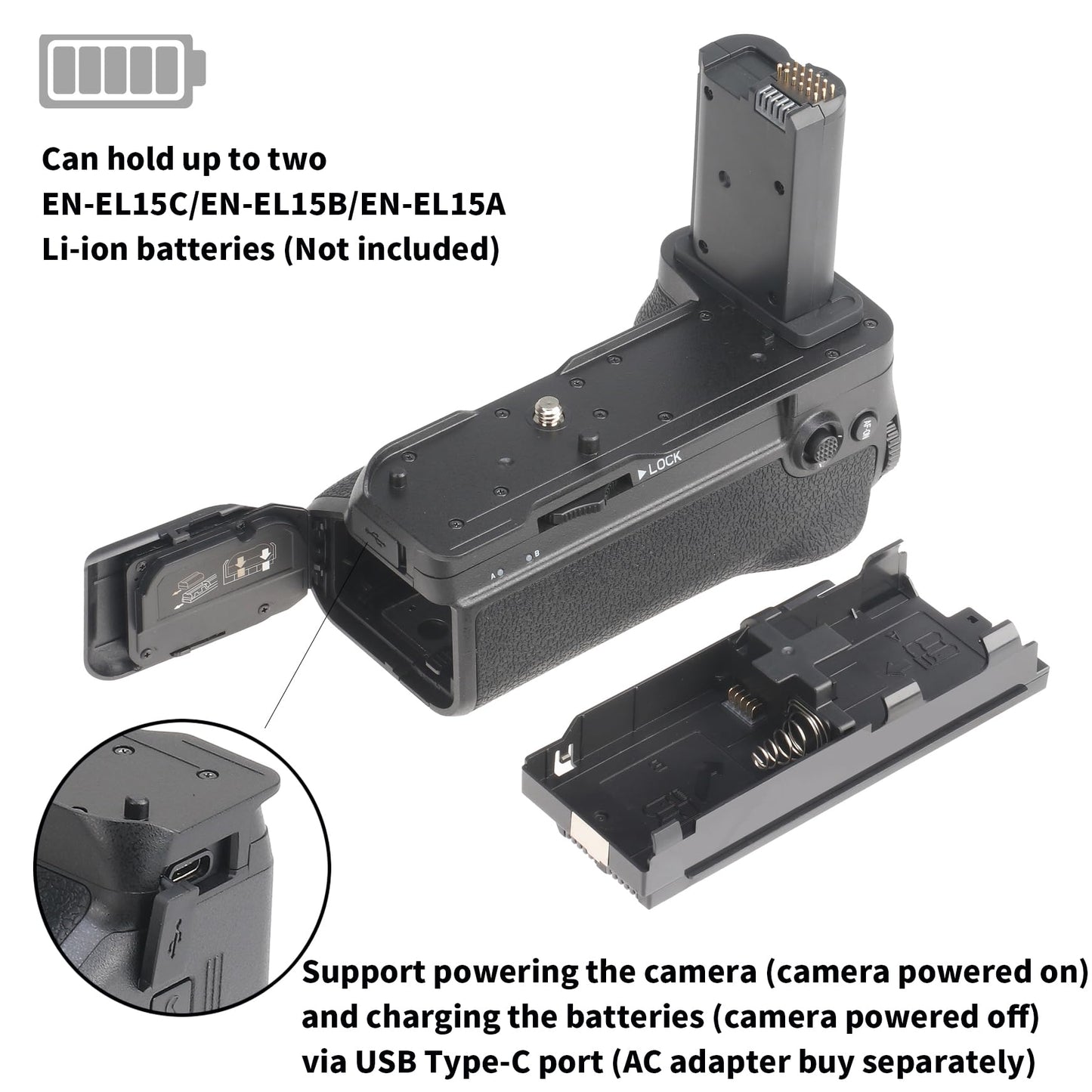 FOTGA Vertical Battery Grip Multi-Power Pack for Nikon Z8 camera, replaces MB-N12, supports up to two EN-EL15C batteries (batteries not included)