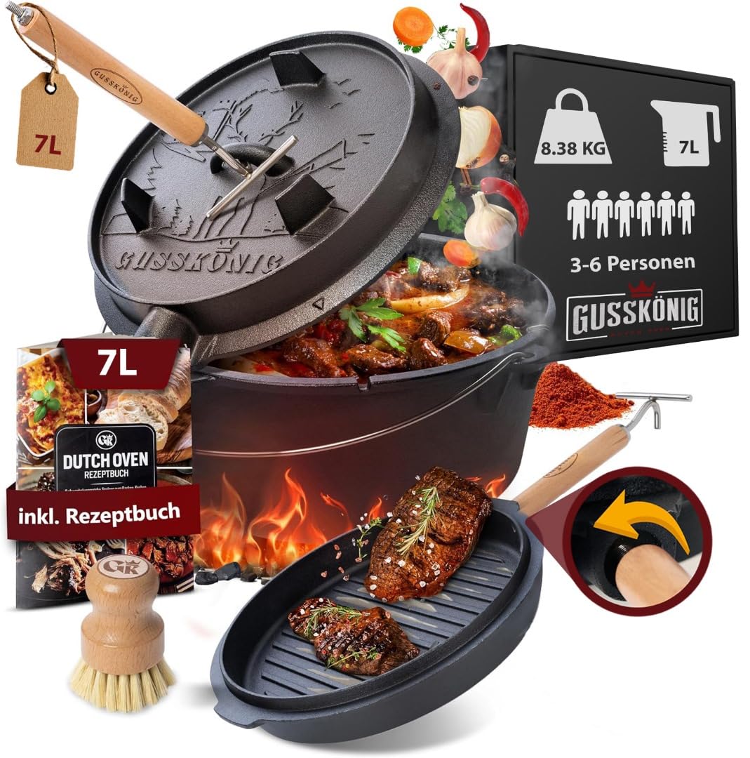 GUSSKÖNIG Dutch Oven Set - Seasoned Dutch Oven 7 Liter - Cast Iron Campfire Pot with Legs - Dual Function Dutch Oven Casserole - includes 2in1 Lid Lifter, Brush & Dutch Oven Recipe Book [for 3-6 People]