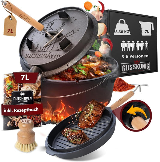 GUSSKÖNIG Dutch Oven Set - Seasoned Dutch Oven 7 Liter - Cast Iron Campfire Pot with Legs - Dual Function Dutch Oven Casserole - includes 2in1 Lid Lifter, Brush & Dutch Oven Recipe Book [for 3-6 People]
