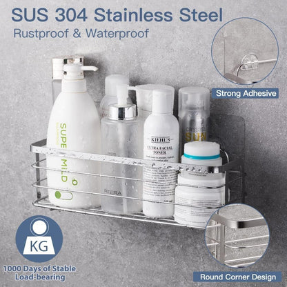 Avoalre Stainless Steel Shower Caddy without Drilling, Shower Basket with Strong Adhesive, 2 Pack Easy Shower Shelf with 1 Removable Suction Cup Hook.