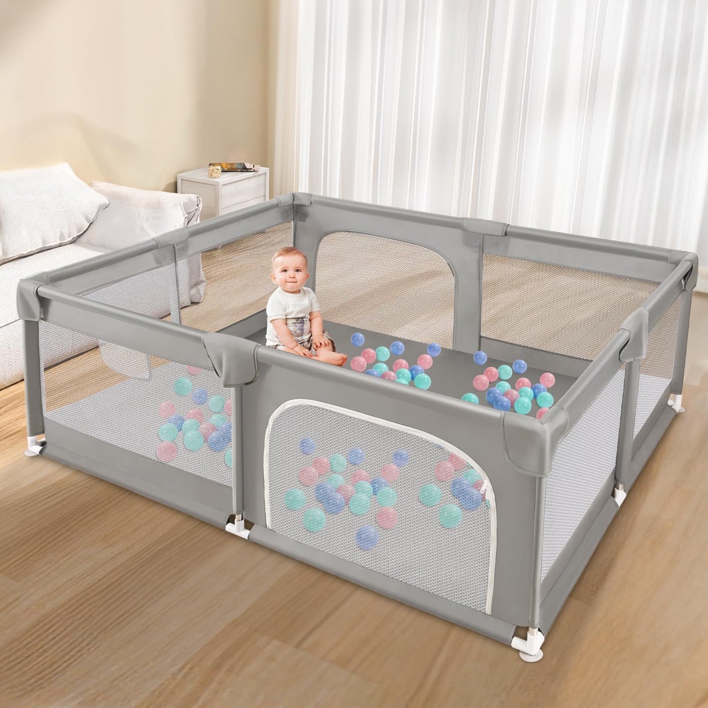 Sour Lemon Baby Playpen Playpen baby, children's fence with anti-collision foam barrier with breathable mesh, children safety playground, Including 50 Ocean Balls and 4 Pull Rings